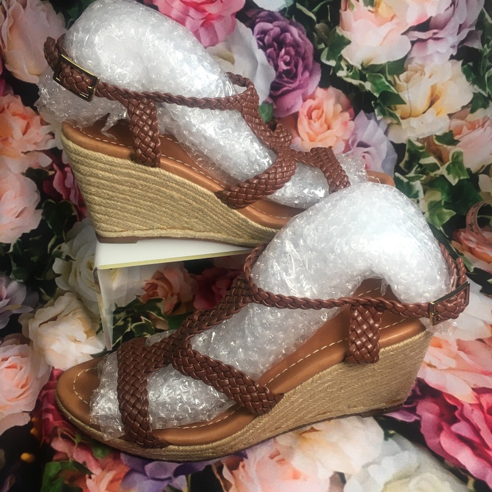 Kate spade size 9.5 Cream platform heels espadrille Brown woven faux leather